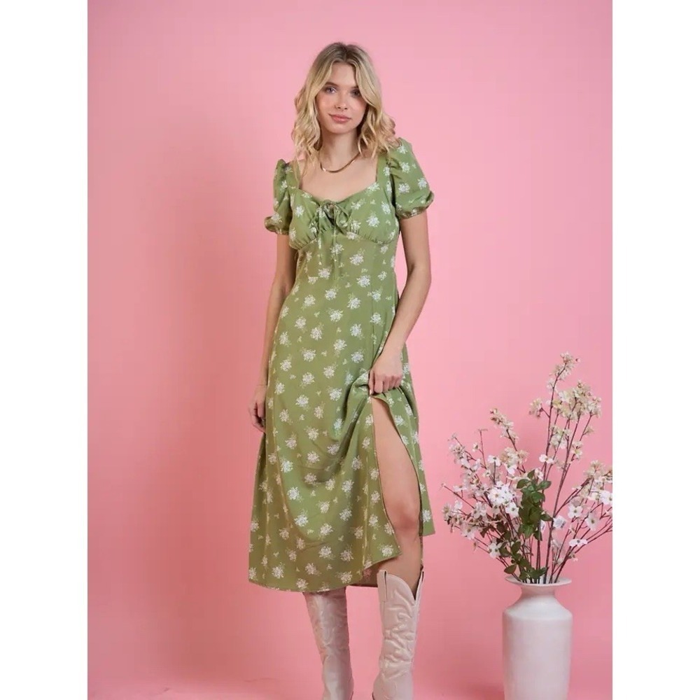 Hesperus Woman's Small Floral Ditsy Midi Dress Puff Sleeves Cottagecore Boho MED